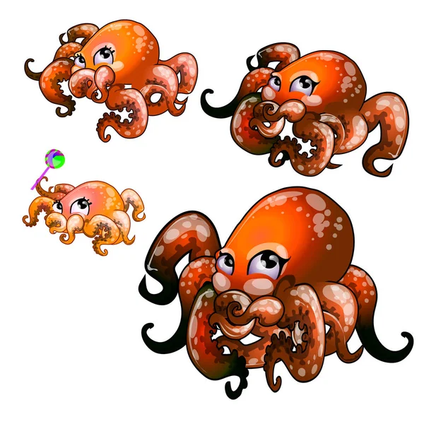 Sada roztomilé červené chobotnice izolovaných na bílém pozadí. Vektor kreslené detail obrázku. — Stockový vektor