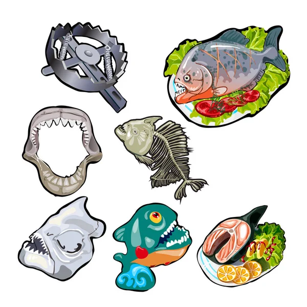 Conjunto en el tema de los peces dentífricos. Comidas de pirañas y tiburones. Esqueleto, mandíbula, cráneo de los antiguos peces. Trampa de oso. Ilustración vectorial . — Vector de stock