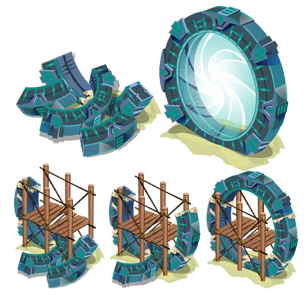 Die Bauphase des runden Portals in eine andere Dimension, isoliert auf weißem Hintergrund. Vektor-Karikatur in Nahaufnahme. — Stockvektor