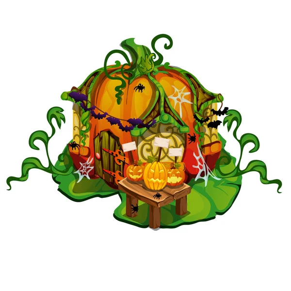 Casa de cuento de hadas hecha de calabazas. Casa de los habitantes del bosque de fantasía con decoraciones en el estilo de la fiesta de Halloween aislado sobre un fondo blanco. ilustración de primer plano de dibujos animados vectoriales . — Vector de stock