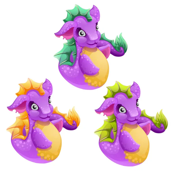 Set of fantasy animals purple color isolated on white background. Cartoon sea dragon. Vector illustration. — Stock Vector