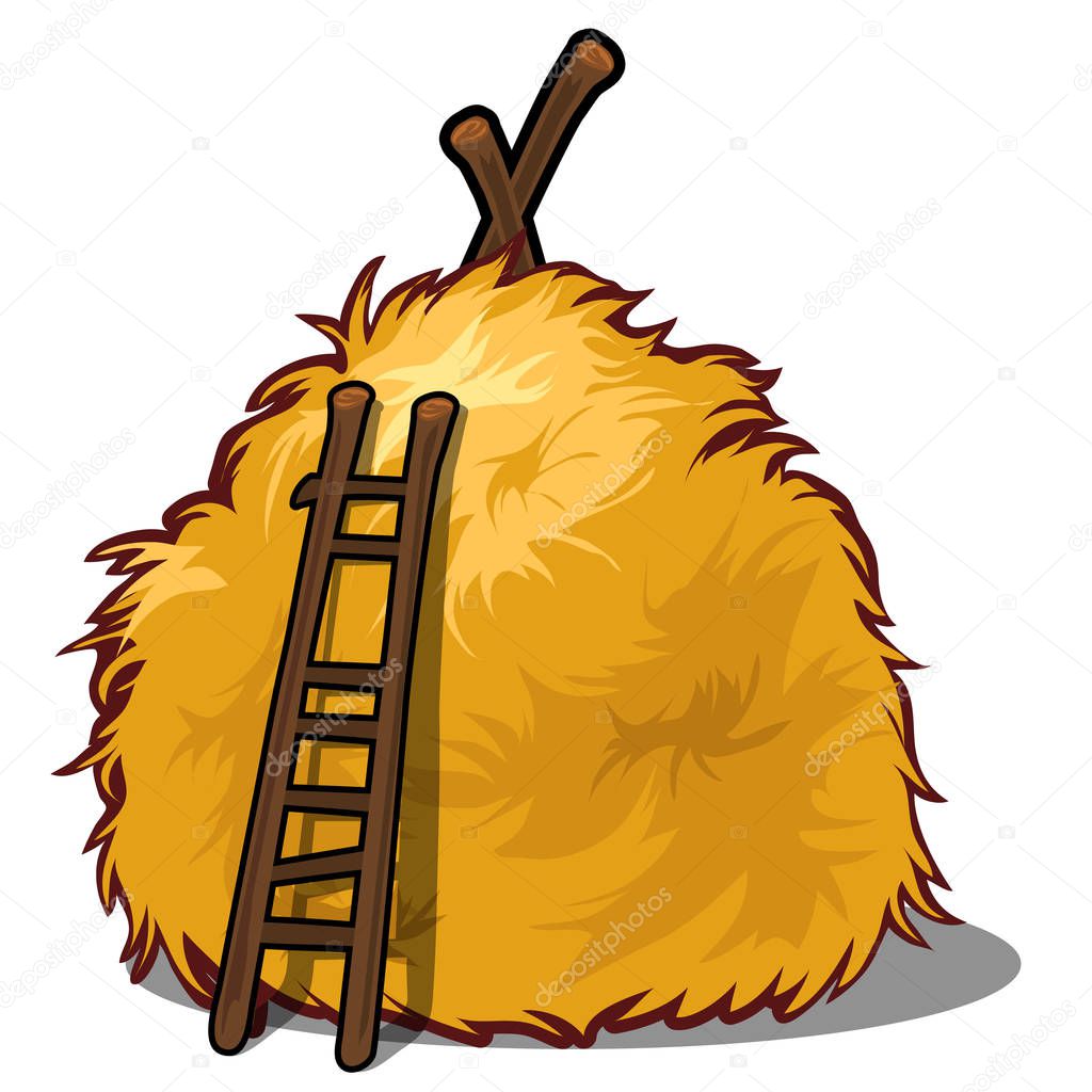 A haystack and a wooden ladder isolated on white background. A supply of feed for livestock, the object of agriculture. Vector illustration.