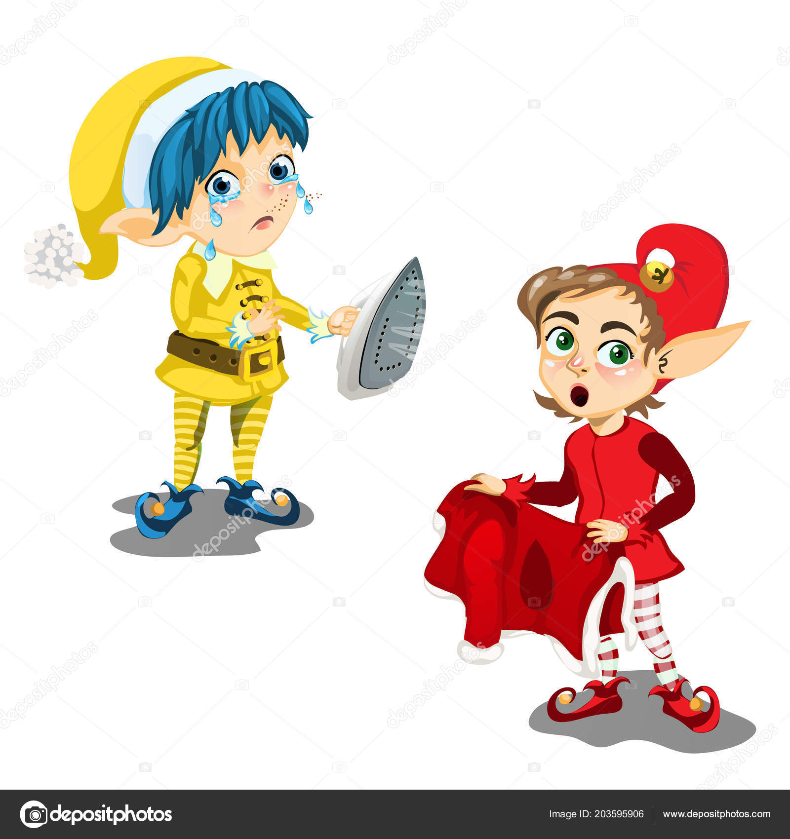 Os duendes queimaram uma jaqueta de Natal de ferro mole. Elfo triste bonito  isolado em um fundo branco. Ilustração vetorial . Vetor de ©Anton_Lunkov  203595906, image size:1600x1700