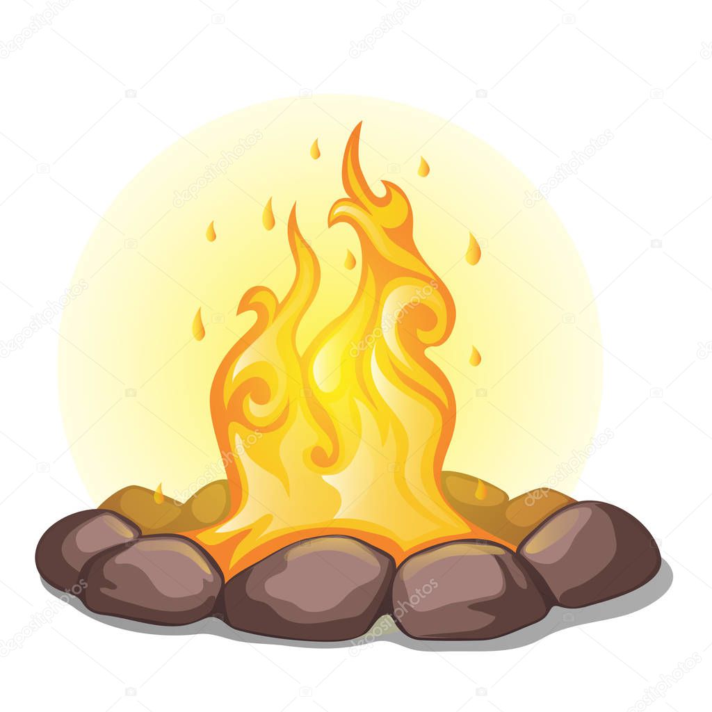 The fire surrounded with stones isolated on a white background. Vector cartoon close-up illustration.