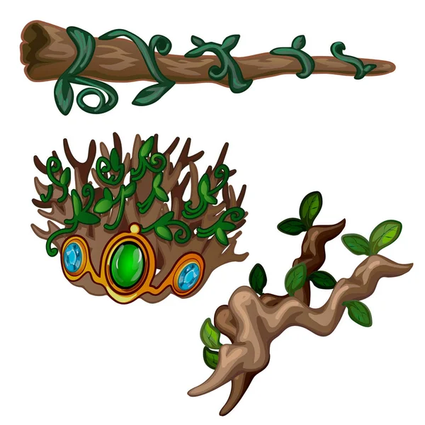 Vieilles branches de bois mort décorées de pierres précieuses et de plantes grimpantes, isolées sur un fond blanc. Les racines d'un arbre mort. Illustration vectorielle . — Image vectorielle