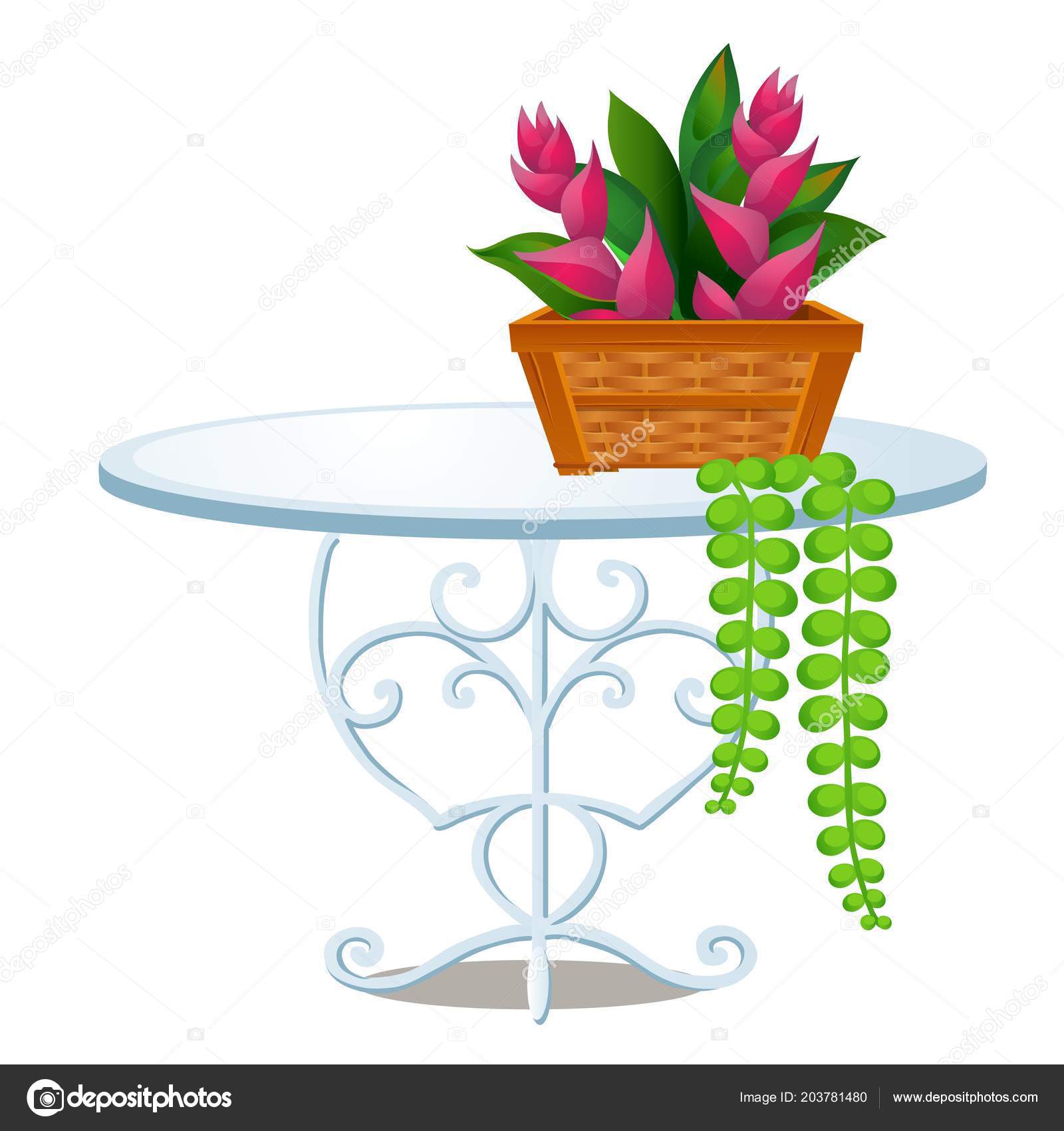 Glass round table with forged metal legs and wicker basket with tropical  flowers isolated on white background. Vector cartoon close-up illustration.  Stock Vector Image by ©Anton_Lunkov #203781480