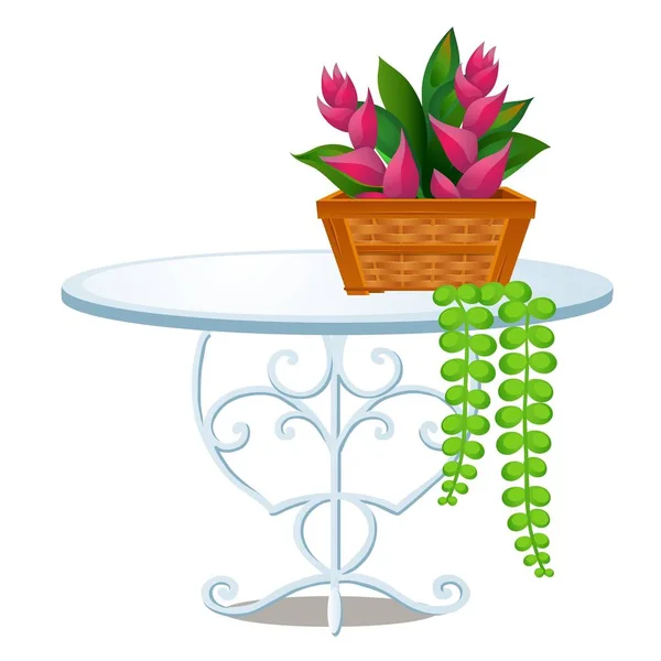 Mesa redonda de cristal con patas de metal forjado y cesta de mimbre con flores tropicales aisladas sobre fondo blanco. ilustración de primer plano de dibujos animados vectoriales . — Vector de stock