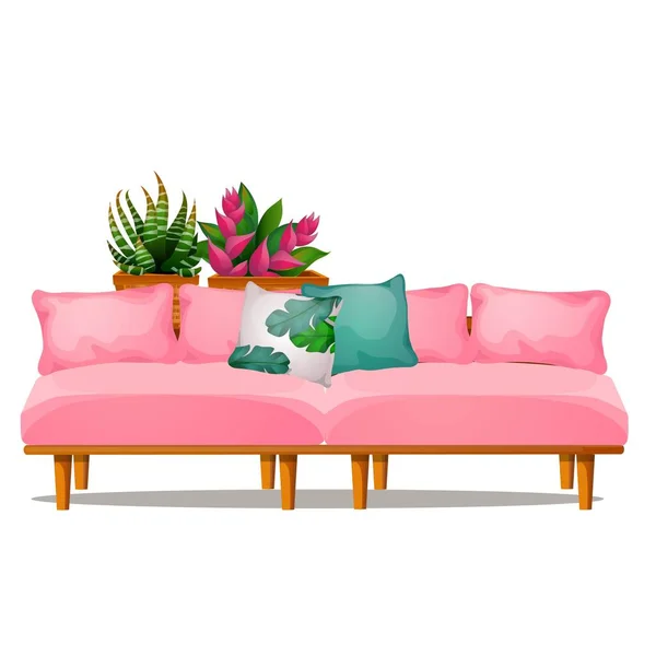 Kolor różowy sofa z poduszkami i kwiaty na białym tle. Wirydarz-do góry ilustracja kreskówka wektor. — Wektor stockowy
