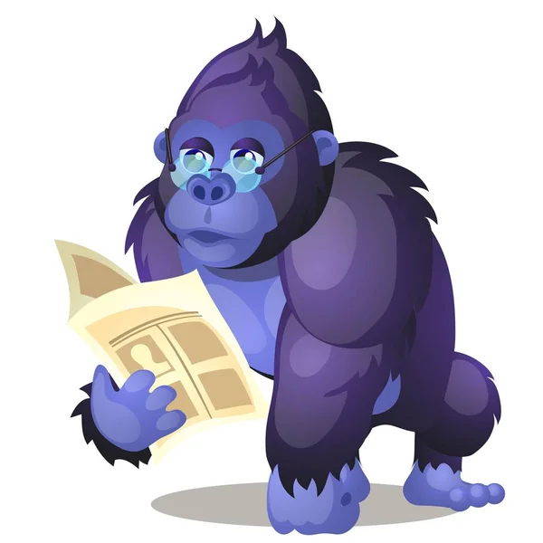 Смешная анимированная горилла, читающая книгу на белом фоне. Векторная иллюстрация крупным планом . — стоковый вектор