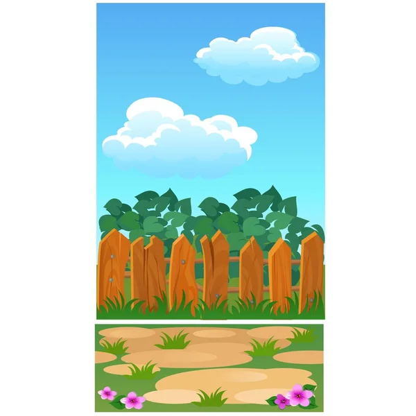Niedliches Poster mit Holzzaun für ein Landhaus, Park oder Ferienhaus. Vektor-Karikatur in Nahaufnahme. — Stockvektor