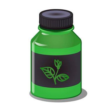 Mineral ve organik gübreler yeşil bir plastik şişe beyaz arka plan üzerinde izole konsantre. Çizgi film vektör yakın çekim Şekil.
