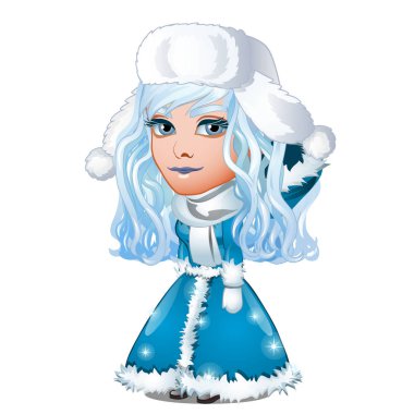 Mavi gözlü güzellik kar kızlık güzelliğini ve beyaz arka plan üzerinde izole bir kürk kürk şapkalı. Tatil partisi. Animasyonlu vektör çizim.