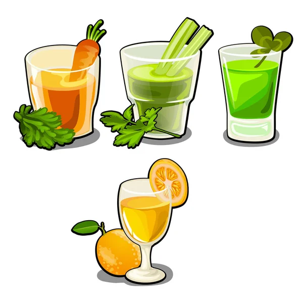 Set van glazen met verse groente- en vruchtensappen geïsoleerd op een witte achtergrond. Eten en drinken gezond eten. Vectorillustratie. — Stockvector