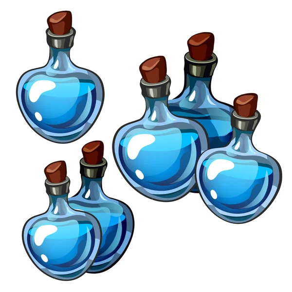 Set de hermosas botellas vintage de vidrio azul aislado sobre fondo blanco. Los secretos de la belleza y la longevidad, perfumes. Ilustración vectorial . — Archivo Imágenes Vectoriales