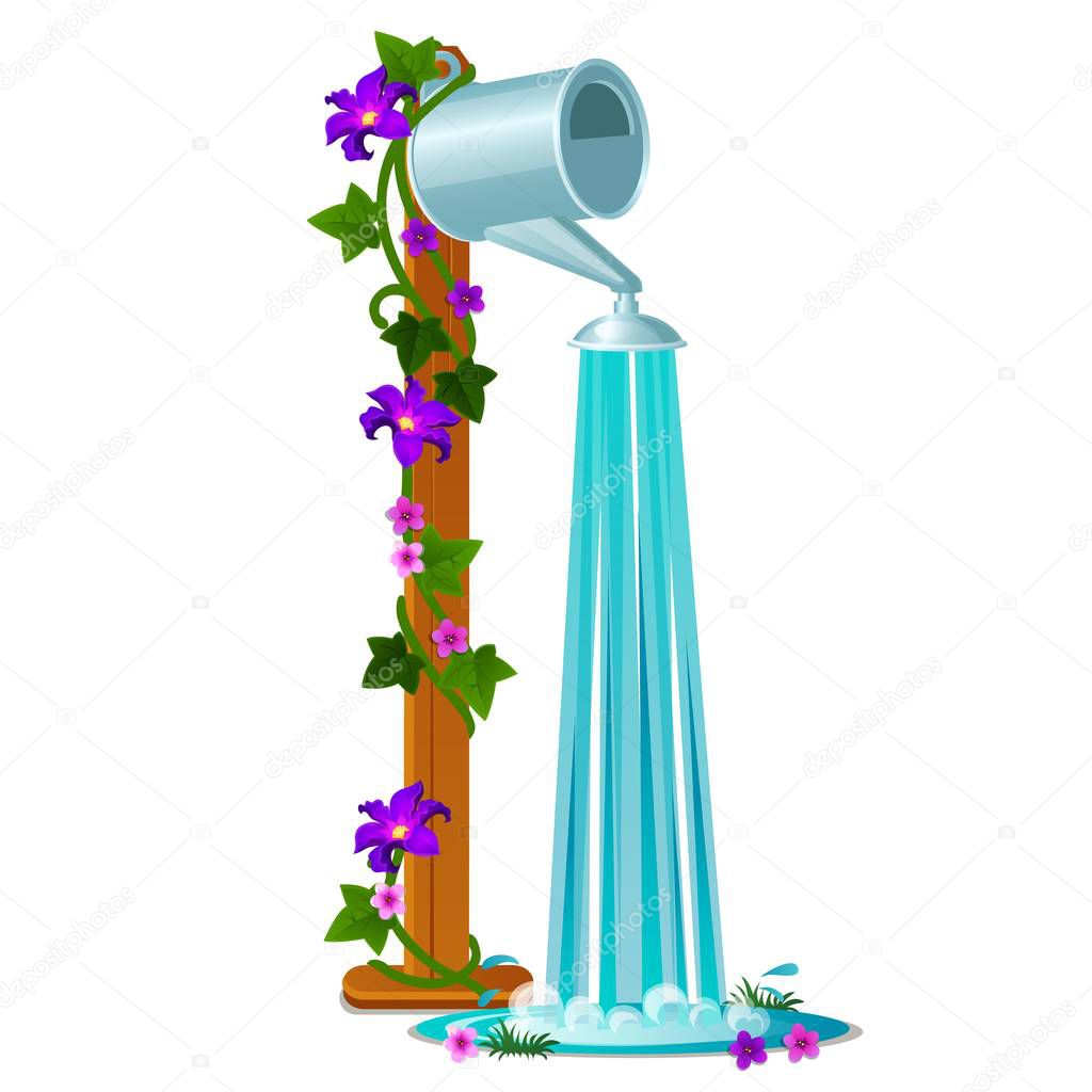 Outdoor shower in the form of a metal watering can and a wooden pole with climbing flowering plants isolated on white background. Vector cartoon close-up illustration.