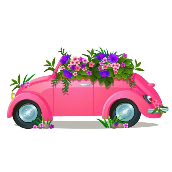 Vintage pink autó egyre virágok elszigetelt fehér background. Vektor rajzfilm közeli illusztrációs. — Stock Vector