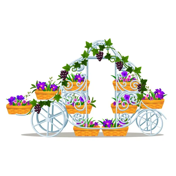 Jardín forjado rack en forma de un entrenador vintage con cestas de flores aisladas sobre fondo blanco. ilustración de primer plano de dibujos animados vectoriales . — Archivo Imágenes Vectoriales