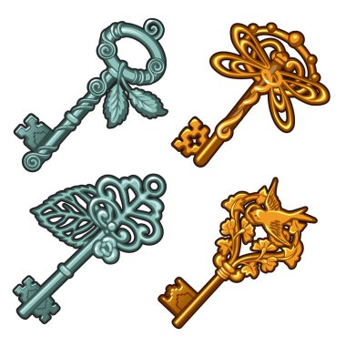 Beyaz bir arka plan üzerinde izole vintage tuşları kümesi. Çizgi film vektör yakın çekim Şekil.