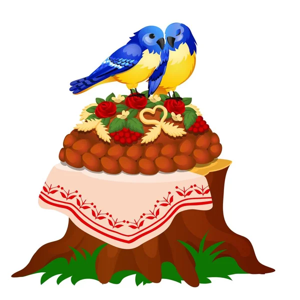 O esboço do cartaz com pães tradicionais de pastelaria russa e dois pássaros azuis isolados em fundo branco. Desenhos animados vetoriais ilustração close-up . —  Vetores de Stock