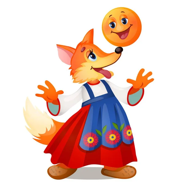 Fox in traditional Russian dress, and a smiling the bun isolated on white background. Characters of Russian fairy tales. Vector cartoon close-up illustration. — Stock Vector