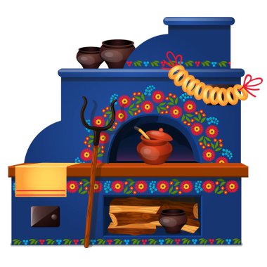 Beyaz arka plan üzerinde izole yakacak odun ile Rus fırın. Vektör karikatür yakın çekim Şekil.