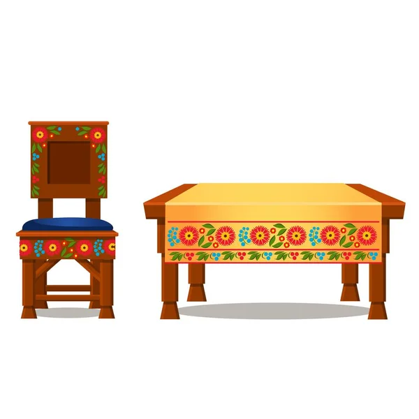 Wooden chair with upholstery and table with tablecloth with traditional Russian ornament isolated on white background. Vector cartoon close-up illustration. — Stock Vector