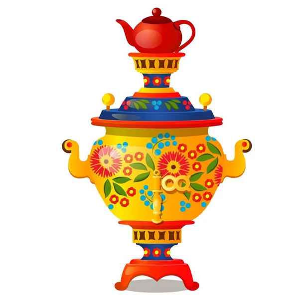 Samovar con ornamento tradizionale russo isolato su sfondo bianco. Illustrazione ravvicinata del fumetto vettoriale . — Vettoriale Stock