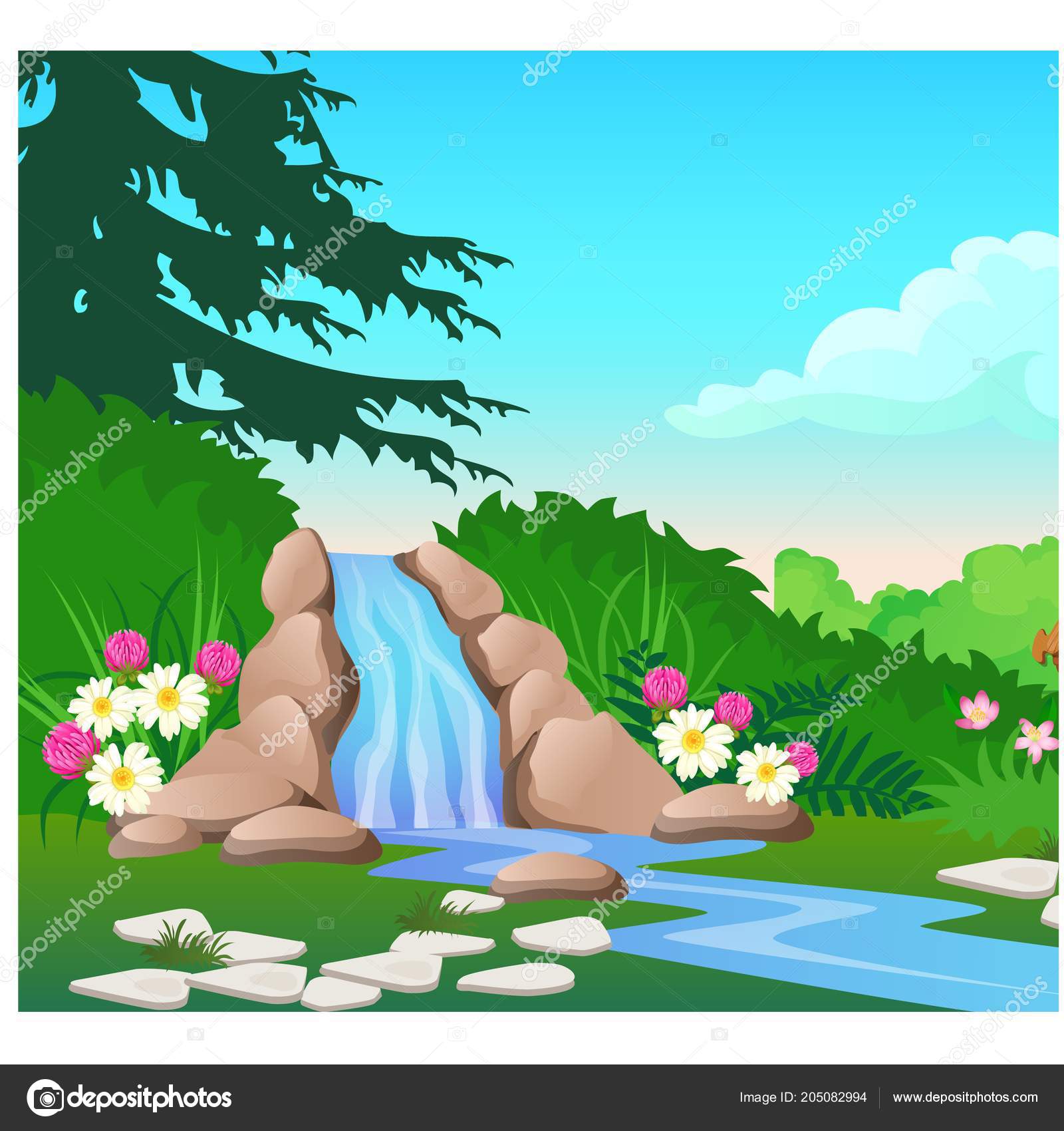 Pintoresco Paisaje Con Una Cascada Río Bosque Bosquejo Hermoso Cartel  Vector de stock #205082994 de ©Anton_Lunkov, image size:1600x1700