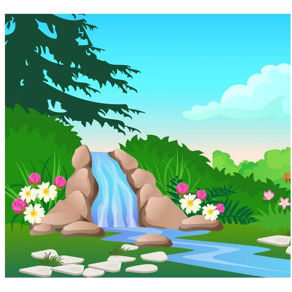 Pintoresco Paisaje Con Una Cascada Río Bosque Bosquejo Hermoso Cartel — Vector de stock