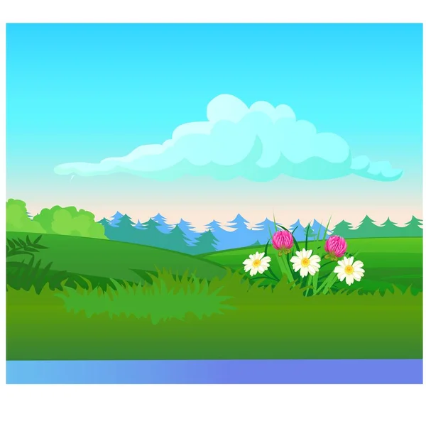 Paisagem com floresta de coníferas no horizonte e prado florido. Desenhos animados vetoriais ilustração close-up . —  Vetores de Stock