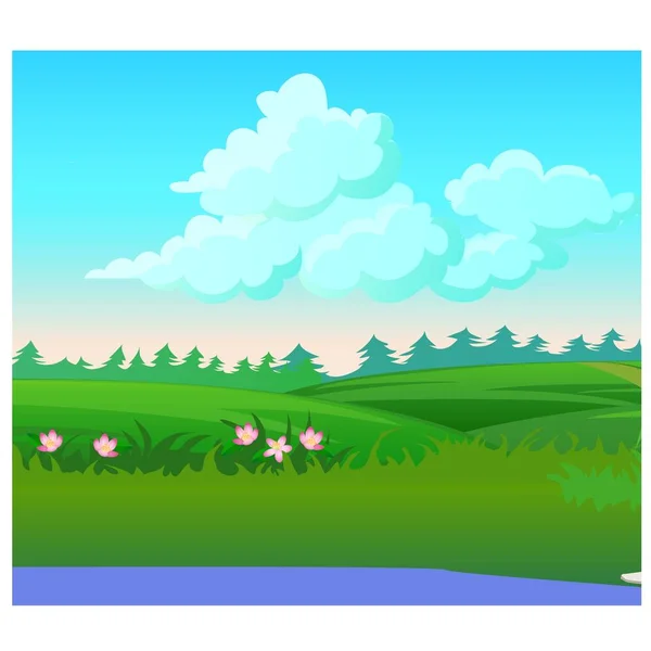 Paesaggio con bosco di conifere all'orizzonte e prato fiorito. Illustrazione ravvicinata del fumetto vettoriale . — Vettoriale Stock