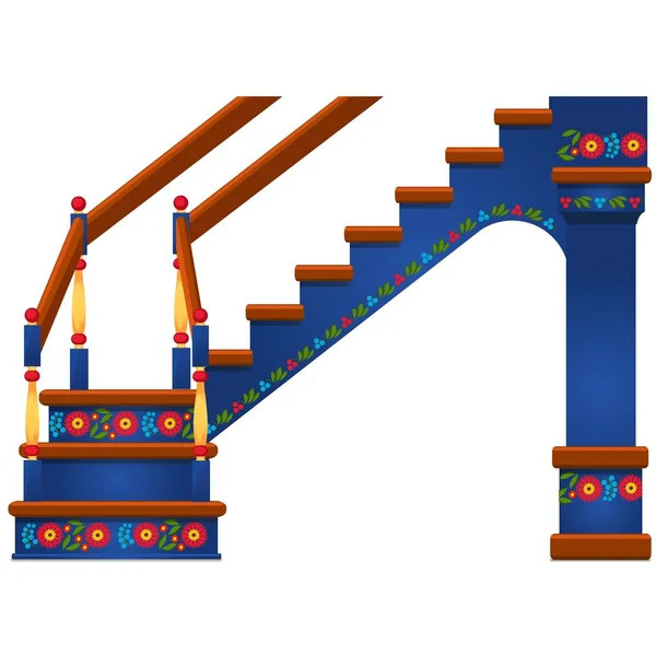Wooden staircase with ornament in Slavic style isolated on white background. Vector cartoon close-up illustration. — Stock Illustration Wooden staircase with ornament in Slavic style isolated on white background. Vector cartoon close-up illustration. Stock Illustration