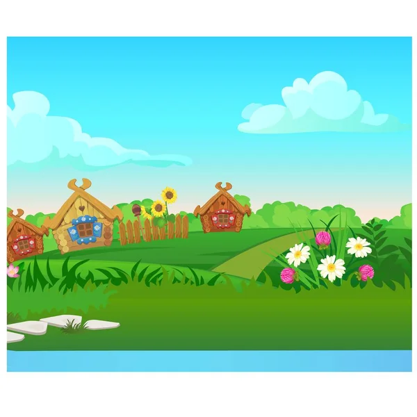 Cute poster with wooden country houses, grassy meadow. Vector cartoon close-up illustration. — Stock Illustration Cute poster with wooden country houses, grassy meadow. Vector cartoon close-up illustration. Royalty Free Stock Vectors