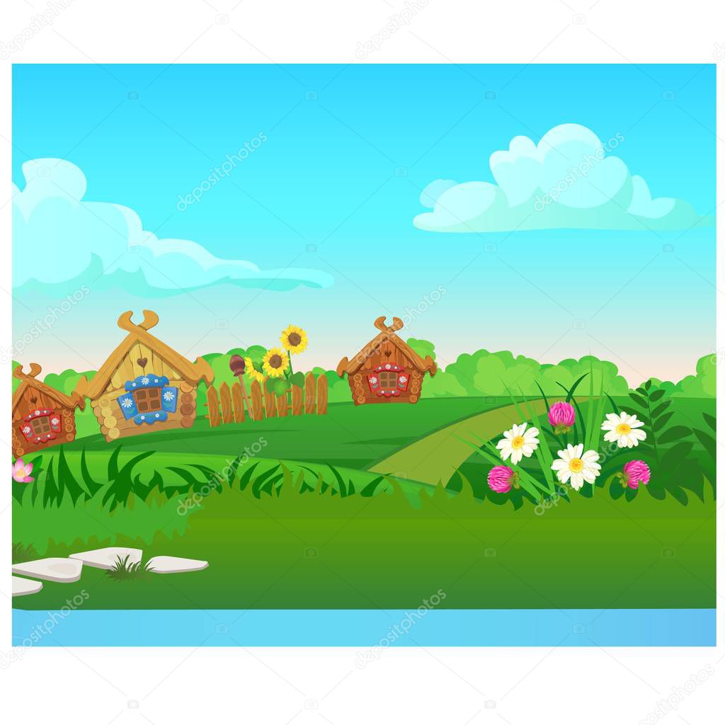 Cute poster with wooden country houses, grassy meadow. Vector cartoon close-up illustration.