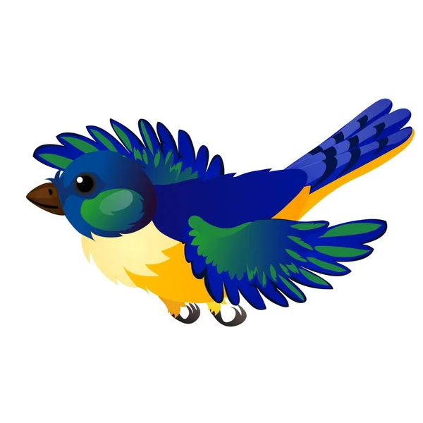 Pájaro animado volador azul aislado sobre fondo blanco. ilustración de primer plano de dibujos animados vectoriales . — Vector de stock