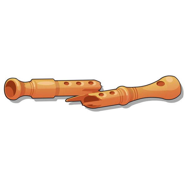 Broken wooden flute isolated on white background. Vector cartoon close-up illustration.