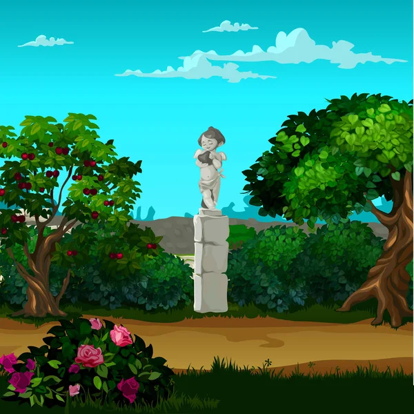 Monumento de piedra en forma de ángel en el jardín. ilustración de primer plano de dibujos animados vectoriales . — Archivo Imágenes Vectoriales