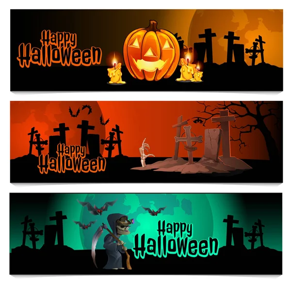 Tres cartas horizontales sobre el tema de la fiesta de Halloween. Ilustración vectorial . — Vector de stock