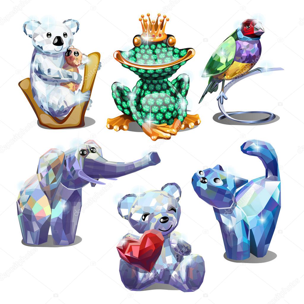 A set of animal figurines of faceted gems isolated on white background. Vector cartoon close-up illustration.