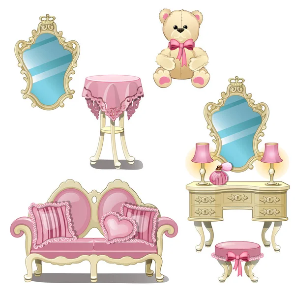 Möbel für den Innenraum Mädchen Zimmer in rosa Farbe isoliert auf weißem Hintergrund. Vektor-Karikatur in Nahaufnahme. — Stockvektor
