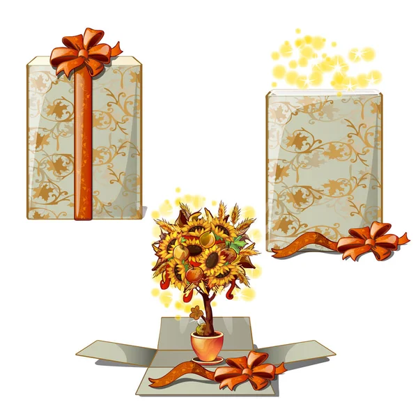 Подарункова коробка з декоративним деревом. Подарунок на день подяки ізольовано на білому тлі. Векторний мультфільм крупним планом ілюстрація . — стоковий вектор