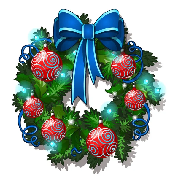 Karácsonyi koszorú fenyő gallyakból vázlat díszített dekoratív üveggolyó. Minta a plakát, meghívó és egyéb kártyák. Vektoros illusztráció. — Stock Vector