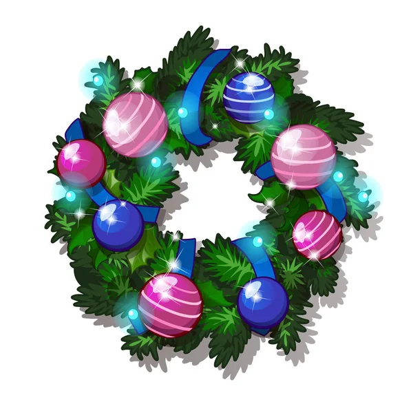 Esquisse de Noël avec couronne de brindilles de sapin décorées de boules décoratives en verre. Exemple d'affiche, d'invitation et d'autres cartes. Illustration vectorielle . — Image vectorielle