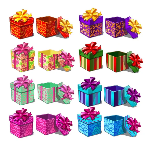 Grande set di scatole regalo isolate su sfondo bianco. Illustrazione ravvicinata del fumetto vettoriale . — Vettoriale Stock