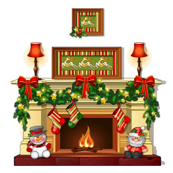 圣诞节素描与壁炉与圣诞装饰品。海报、请柬和其他卡片的样品。矢量插图. — 图库矢量图片