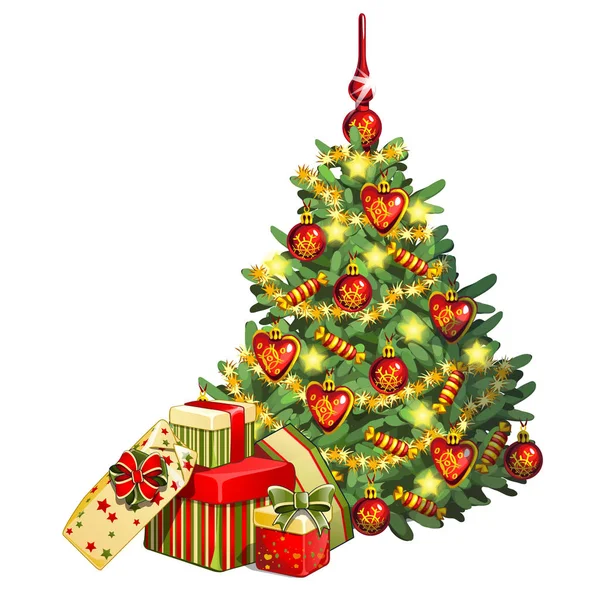 Boceto con árbol de Navidad brillantemente decorado. Un montón de cajas con regalos. Muestra del cartel, invitación y otras tarjetas. Ilustración vectorial . — Vector de stock