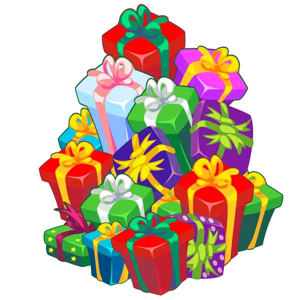 Χριστουγεννιάτικο σκίτσο με μια στοίβα από κουτιά δώρων, δεμένο με κορδέλα με φιόγκο. Δείγμα της αφίσας, πρόσκλησης και άλλες κάρτες. Εικονογράφηση διάνυσμα. — Διανυσματικό Αρχείο