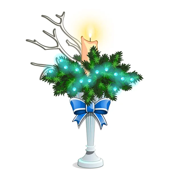 Christmas skiss med en dekorativ arrangemang av grenar av Gran och horn av rådjur med en brinnande ljus. Idéer festliga interiör. Prov av affischen, inbjudan och andra kort. Vektor. — Stock vektor