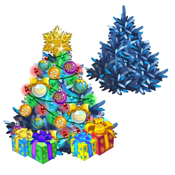 Schizzo natalizio con albero di festa luminosamente decorato. Campione del poster, invito e altre carte. Illustrazione vettoriale . — Vettoriale Stock