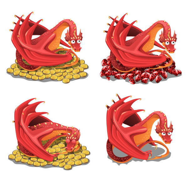 Set of red dragon guarding his treasures and golden coins isolated on a white background. Vector cartoon close-up illustration
